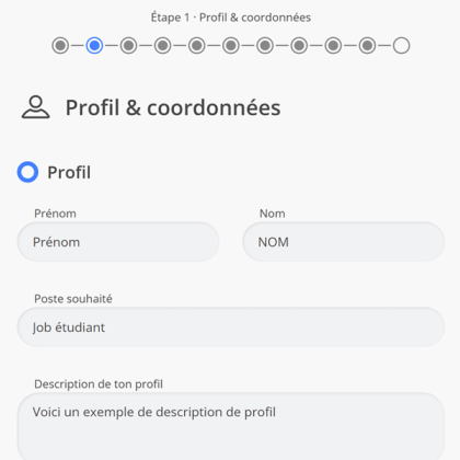Étape profil et coordonnées du générateur de CV