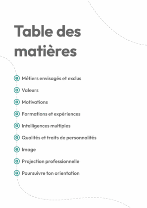 Table des matières du Parcours Actif de Choix d’orientation (PAC)